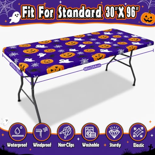 Halloween Tablecloth for 8 Foot Rectangular Tables - Spandex, Washable, Elastic, Reusable, Outdoor & Indoor Use - Ghost Pumpkin Pattern, 96x30 Inches - Orange & Black