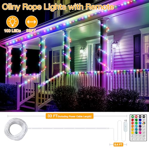 Ollny 33FT Color Changing Rope Lights Outdoor - 100 LED String Lights with 18 Colors & Remote