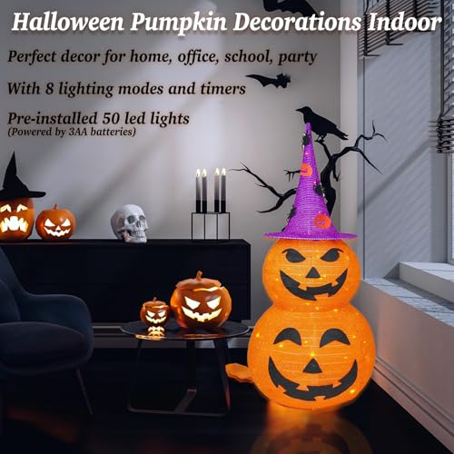 Lighted Pumpkin Halloween Outdoor Decor - 3FT Jack o Lantern with 8 Modes & Timer - Purple Hat Variation