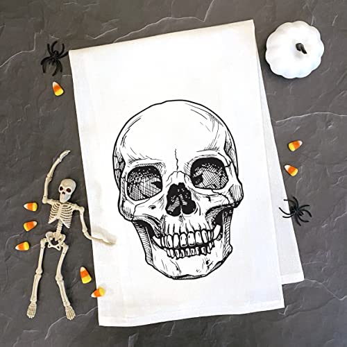 White Skull Halloween Kitchen Towel - Spooky Hand Tea Towel, 28" Cotton