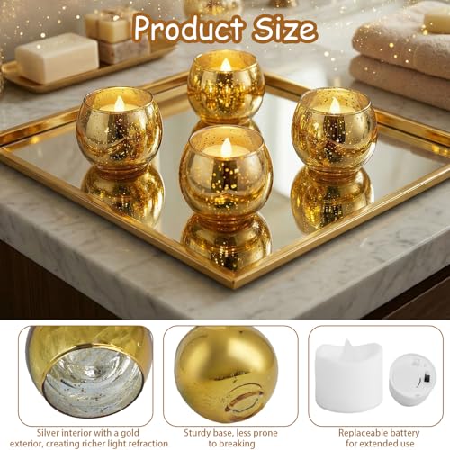 Set of 14 Gold Speckled Mercury Glass Votive Candle Holders with LED Tea Lights for Weddings & Events