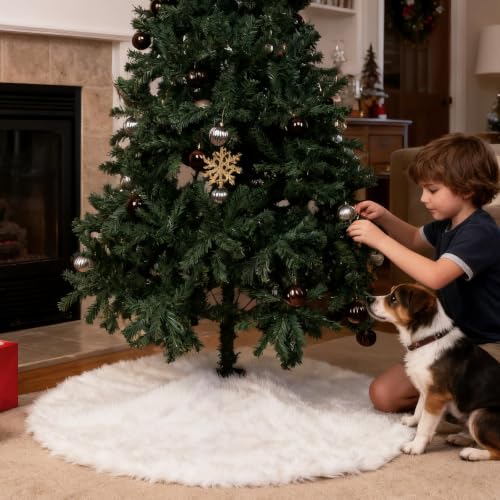White Faux Fur Christmas Tree Skirt 60 Inch Luxury Velvet Holiday Decor - Variation: White-Faux Fur / 60IN
