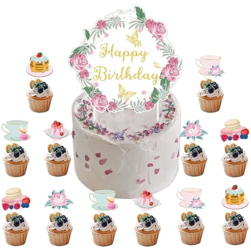 Birthday Party Banner Set with Cake Toppers and Spiral Charms - Tea Gathering Theme