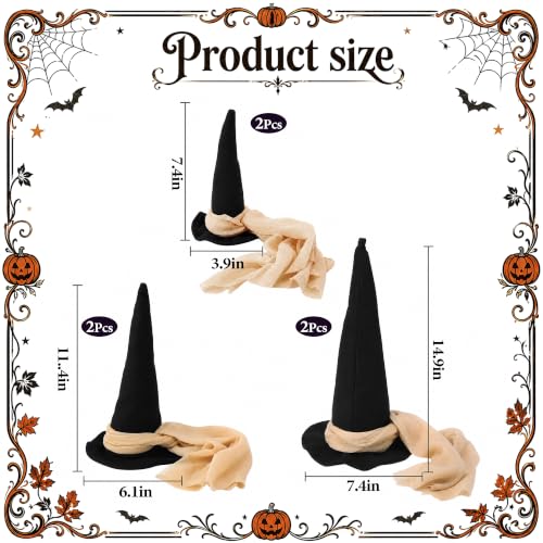 Halloween Witch Hat Centerpieces Set - 6 Pcs, 3 Sizes with Gauze Ribbon - A Style