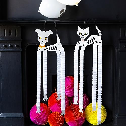 Halloween Paper Hanging Decorations - Skeleton Cat & Dog Set, Reusable & Eco-Friendly