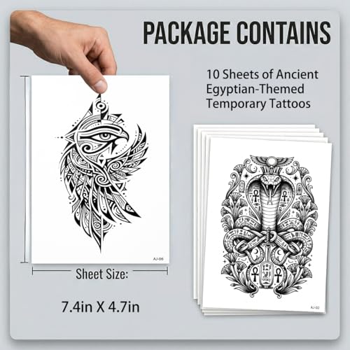 Ancient Egyptian Temporary Tattoos for Men Women - 10 Sheets, Realistic, Waterproof, Long-lasting