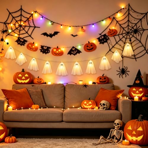 White 6.5FT Fabric Ghost String Lights for Halloween Party - Warm Glow