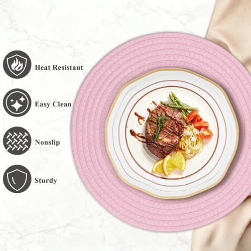 Pink Cotton Rope Woven Round Placemats Set of 6 - Heat Resistant & Non Slip