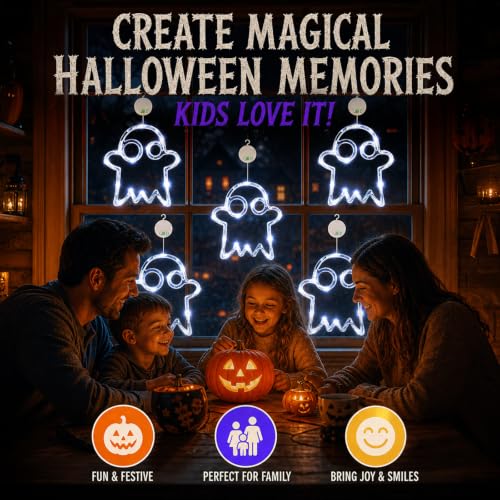 Ghost Halloween Window Lights Set - 5 LED Ghost Silhouettes, Battery Operated, Timer