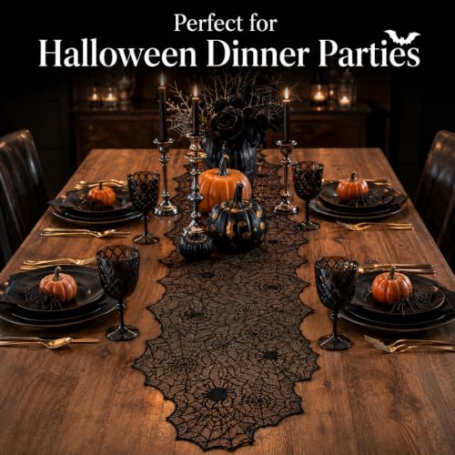 Halloween Tablecloth and Decor Set with Spider Web Lace Runner Bat Wall Stickers
