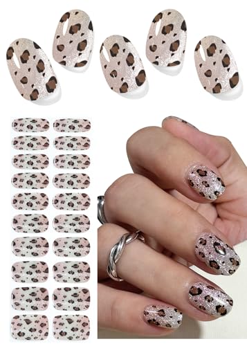 Semi Cured Gel Nail Strips - Leopard Cat Eye 20pcs UV Nail Wraps for DIY Manicure