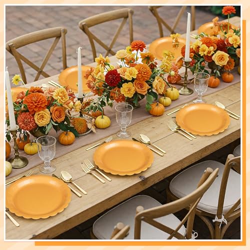 Orange Paper Plates 9 Inch - Fall Thanksgiving Dessert Plates, 30 Pack