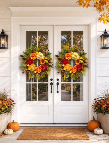 24 Inch Fall Wreath for Front Door - Autumn Decor for Home & Entryway