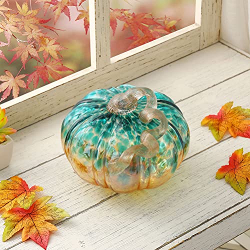 Hand Blown Glass Pumpkin Decor - 4.13 Inch Blue and Gold Glitter Fall Accent - Handmade Thanksgiving Table Centerpiece
