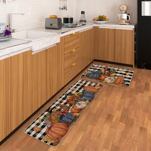 Fall Harvest Thanksgiving Kitchen Rugs Set of 2 - Non-Slip Floor Mats for Indoor & Outdoor Use