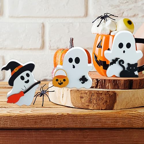 Halloween Ghost Decorations 3-Piece Wooden Indoor Table Decor Set