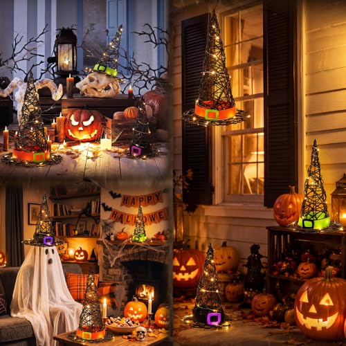 Lighted Halloween Rattan Witch Hat Table Decor Set with Belt - 3 Sizes