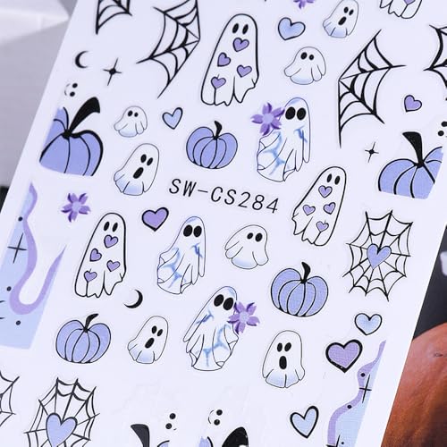 Halloween Ghost Nail Stickers Set - White 1 - 4 Sheets Self-Adhesive 3D Decals for Nails