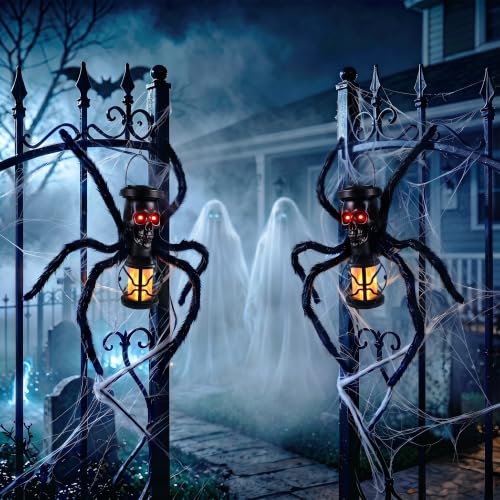 Halloween Skull Solar Lantern with Spider Legs - Orange, Flickering Flame Effect, Waterproof Outdoor Decor