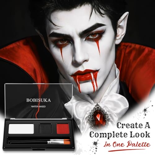 Water Activated Clown Face Body Paint Set - Black White Red with Dual Brushes - Variation 01