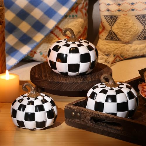 Black and White Checkered Fall Pumpkin Decor Set - Resin Halloween & Thanksgiving Table Ornaments - 3 Sizes
