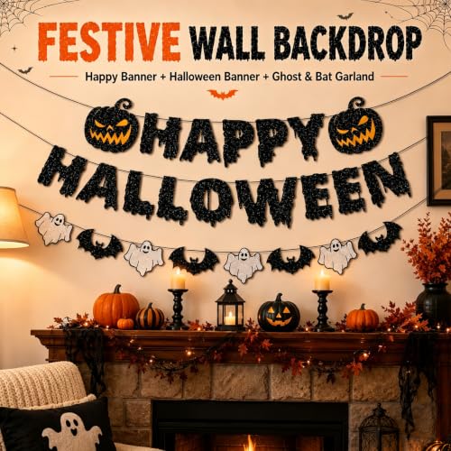 Halloween Indoor Decor Set with Spider Web Tablecloth, Bat Wall Stickers & Mantel Scarf