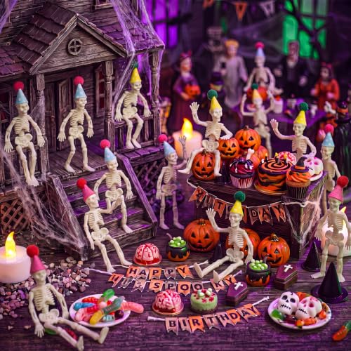 Mini Skeleton Figurines with Felt Hats - Halloween Decorations, 24 Pack