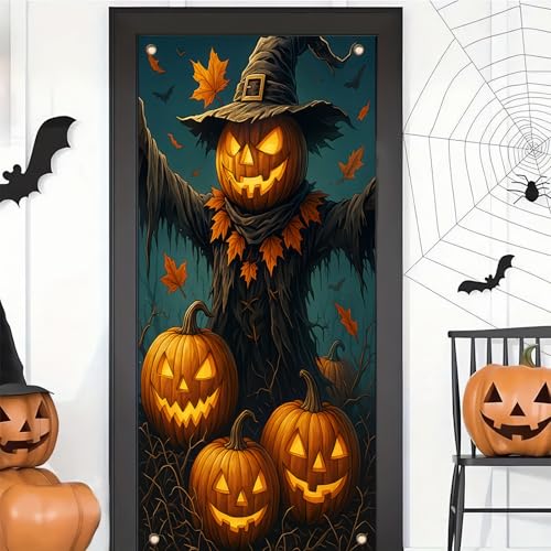 Halloween Pumpkin Scarecrow Door Cover - 35x71 Inch Polyester, Pumpkin Scarecrow Variation