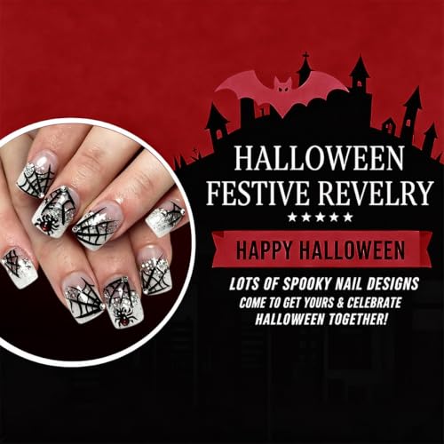 Halloween Press On Nails - White French Tip Square Fake Nails Style-29