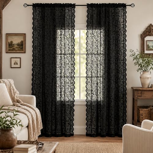 Black Sheer Lace Curtains Set of 2 - 52W x 96L Victorian Gothic Window Panels - Variation: Black / 52"W x 96"L
