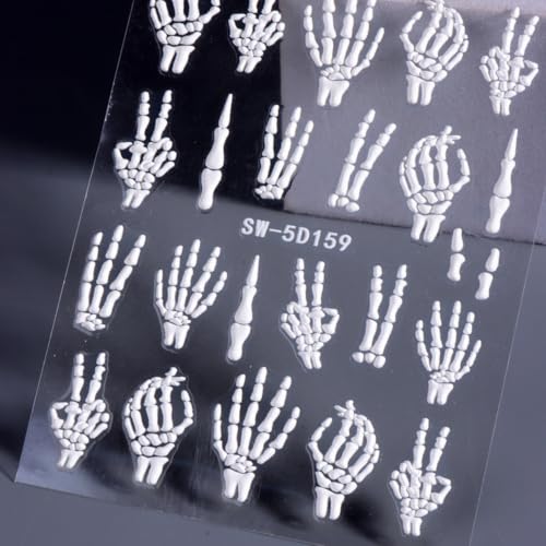 Self-Adhesive 5D Embossed Nail Stickers - White Skull Hand Bone Skeleton Halloween Decals - 2 Sheets