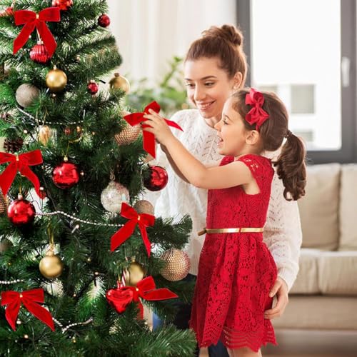 Red Velvet Christmas Tree Ornaments - Pre-Tied Bow Set for Holiday Decorations