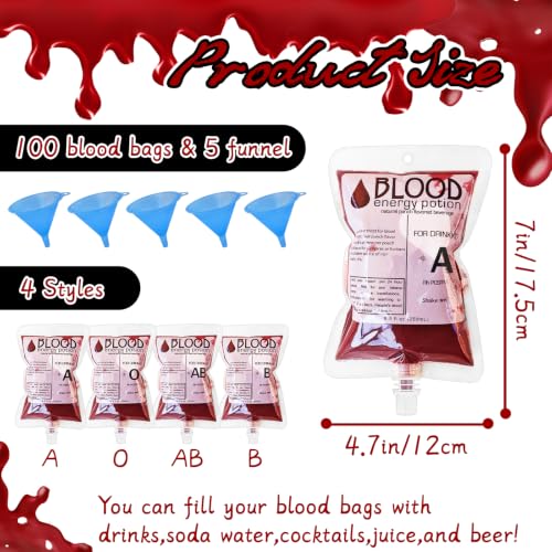 100 Pack Halloween Blood Bags for Drinks - Reusable Food Grade Drink Pouches with Funnel