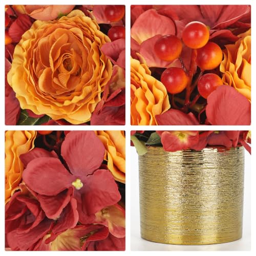 Artificial Fall Rose Hydrangeas with Golden Pot - Autumn Home Decor, Realistic Faux Flowers, Table Centerpiece