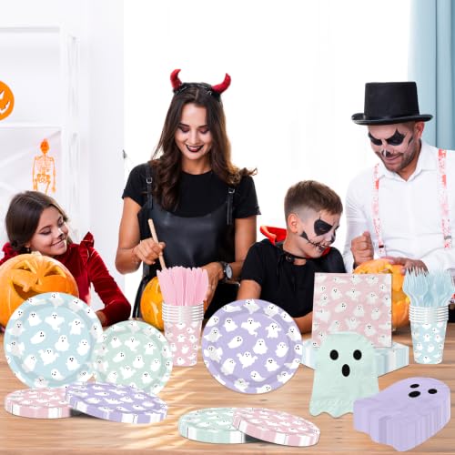 Pastel Halloween Ghost Paper Plates Napkins Cups Set for Parties - 156 pcs
