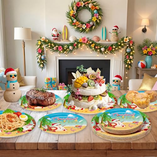 Christmas in July Plates Set - 24 Blue Summer Themed Paper Dinner & Dessert Plates