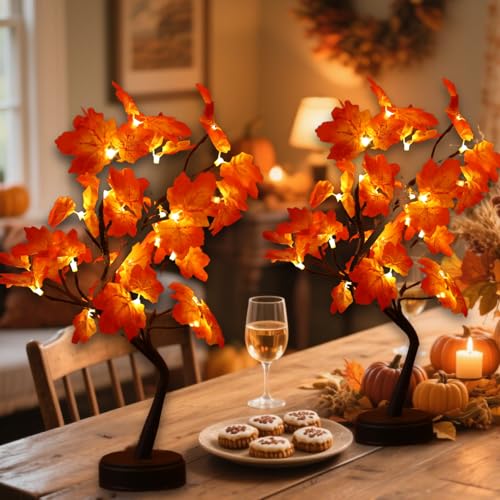 2 Pack 20-Inch Lighted Artificial Maple Trees for Fall & Thanksgiving Decor - Battery & USB Operated