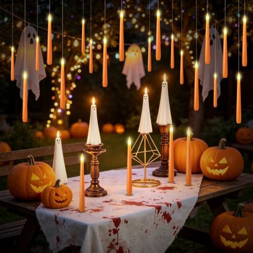 Orange Flameless Floating Candles Set - 20 LED Taper Candles with Wand Remote for Halloween Decor