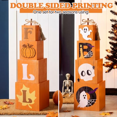 Halloween Porch Decor Set - Stacked Pumpkin and Ghost Boo Box with Wooden Crates - Fall Outdoor Decor - Variation of Pumpkin and Boo Ghost