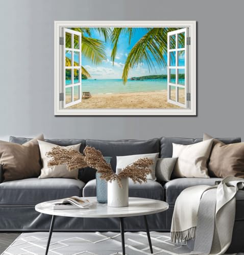 Large Tropical Beach Ocean Canvas Wall Art - Blue Seascape, Ready to Hang, 32x48 Inches, Coastal Living Room Decor - Variation: Palm Tree Style
