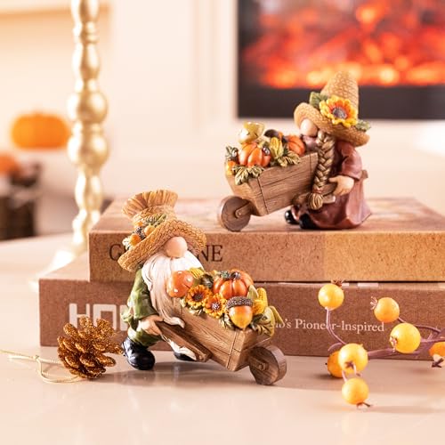 Autumn Gnome Decorations Set - 2 Pcs Fall Resin Figurines for Indoor Outdoor Display - Medium