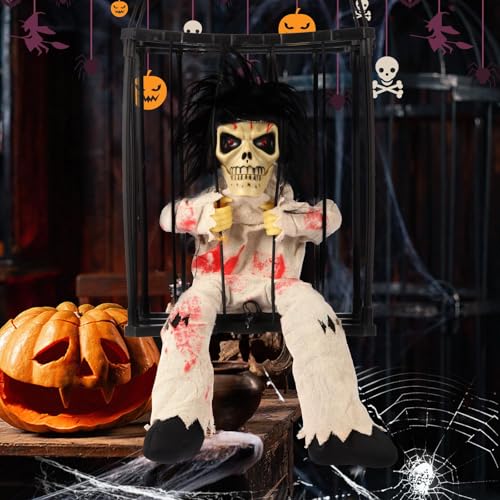 Animated Halloween Skeleton Ghost Hanging Prop with Motion Sensor and Sound - Lights Up Eyes for Indoor Outdoor Decor