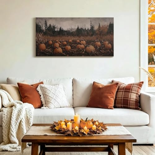 Large Fall Pumpkin Patch Canvas Wall Art - Framed 40x20 Inches - Orange Pumpkin Field