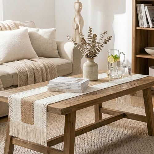 Boho Table Runner 72 Inches with Tassels - Creamy White Farmhouse Decor