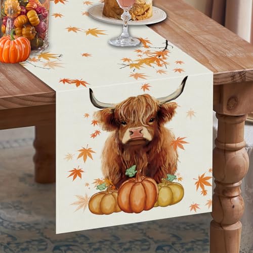 Fall Cow Pumpkin Linen Table Runner 13x72 Inch for Kitchen Dining Decor
