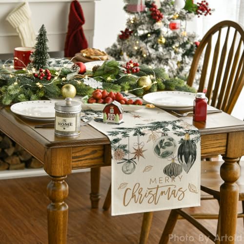 Xmas Balls Leaves Table Runner 13x36 Inch Home Party Decor Beige