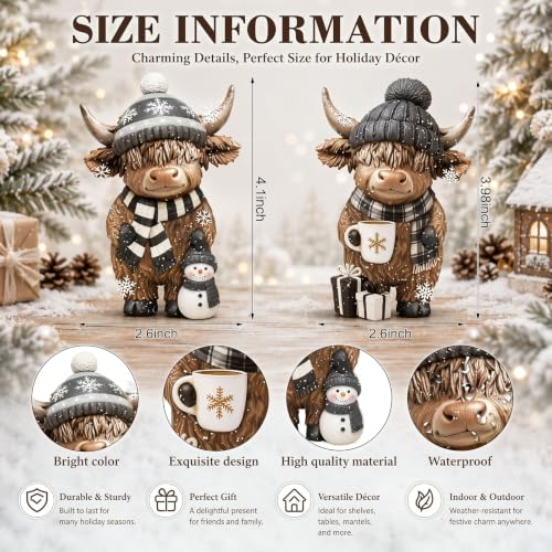 Winter Highland Cow Figurine Set - Resin Farmhouse Decor with Scarf & Hat