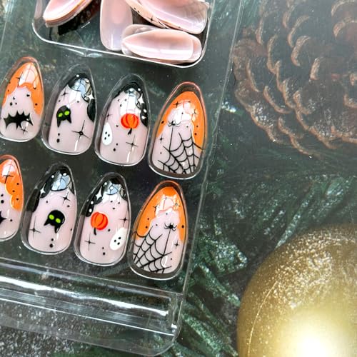 Halloween Press On Nails with Ghost & Pumpkin Pattern - Yellow & Black, Reusable Fake Nails - Variation HA019