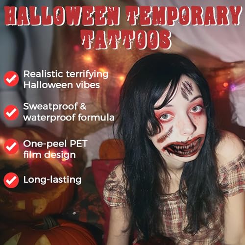 Halloween Horror Face Tattoos Set 6 Pcs with Removal Tape - Scary Wound & Scar Designs - Variation of Halloween Horror Set 2