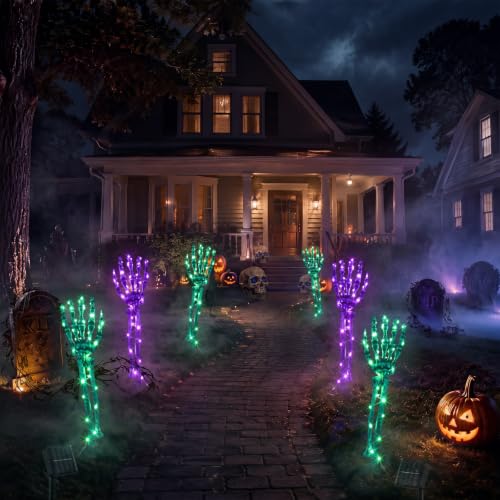 Halloween Skeleton Arm Stakes with LED Lights - Purple & Green, 36x27.5cm